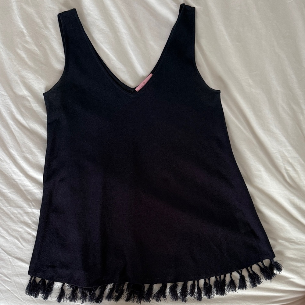 Lilly Pulitzer navy fringe long tank top V neck size xs